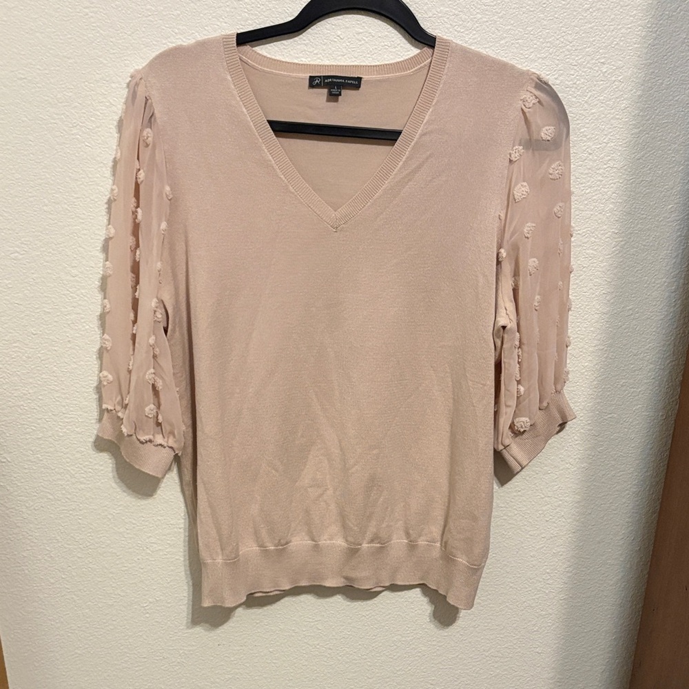 Adrianna Papell Blush Pink V-Neck Sweater with Textured Puff Sleeves